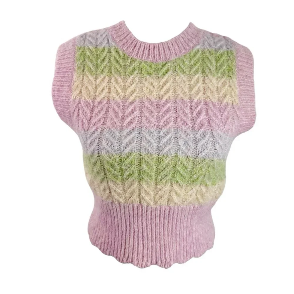 Zara Women's S Sweater Vest Pink Multi Pastel Touch Wool & Alpaca EUC‎